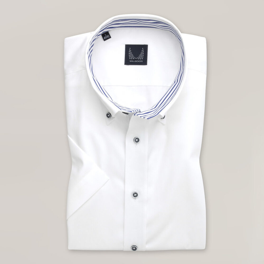 Pánska slim fit košeľa biela s hladkým vzorom a kontrastnými prvkami 15348