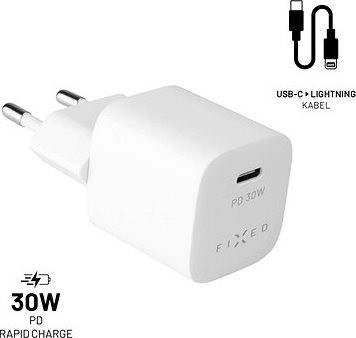FIXED PD Rapid Charge Mini s USB-C výstupem a USB-C / Lightning kabelem podpora PD 1,2 m MFI 30 W biely