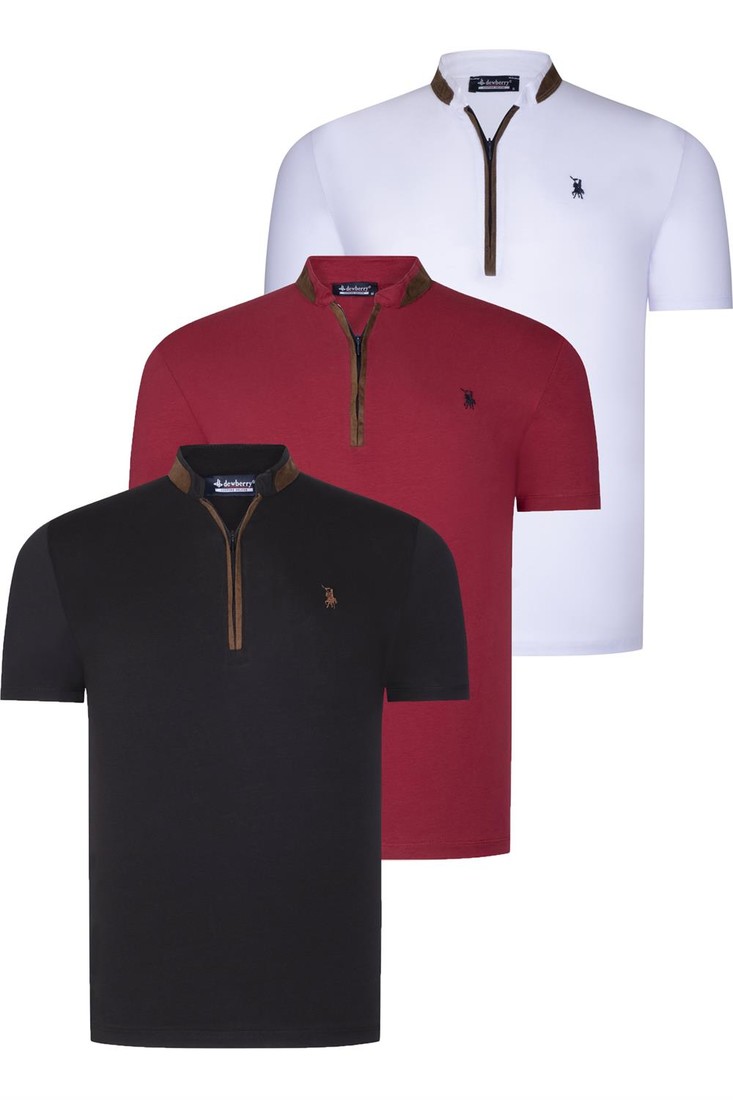TRIPLE SET T8571 DEWBERRY ZIPPER MENS T-SHIRT-BLACK-WHITE-BURGUNDY