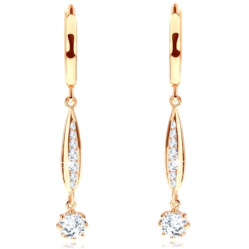 Náušnice zo žltého 14K zlata - hladký kruh, úzka kvapka, číre zirkóny