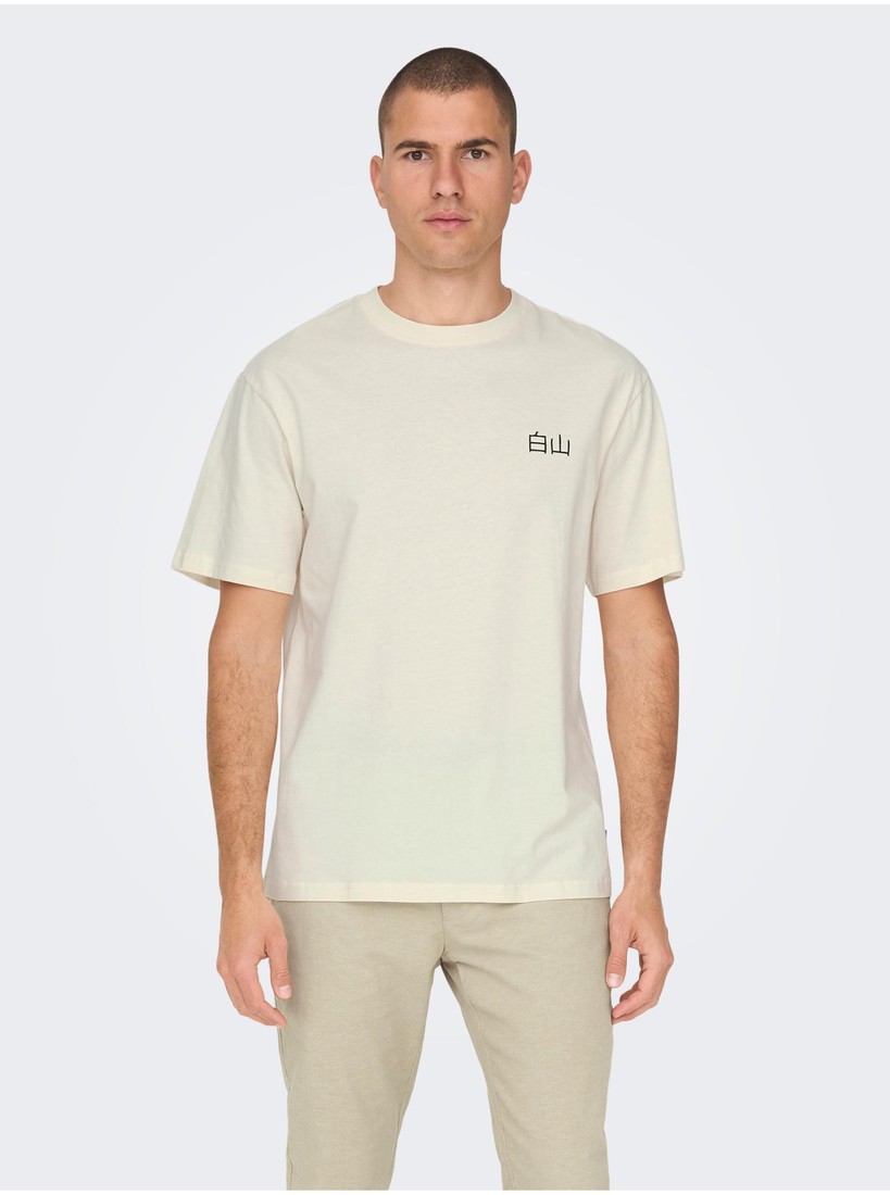 Cream Men's T-Shirt with Printed Back ONLY & SONS Jp - Men