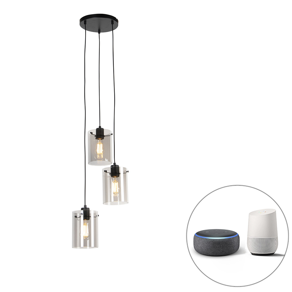Smart hanglamp zwart met smoke glas incl. 3 Wifi ST64 - Dome