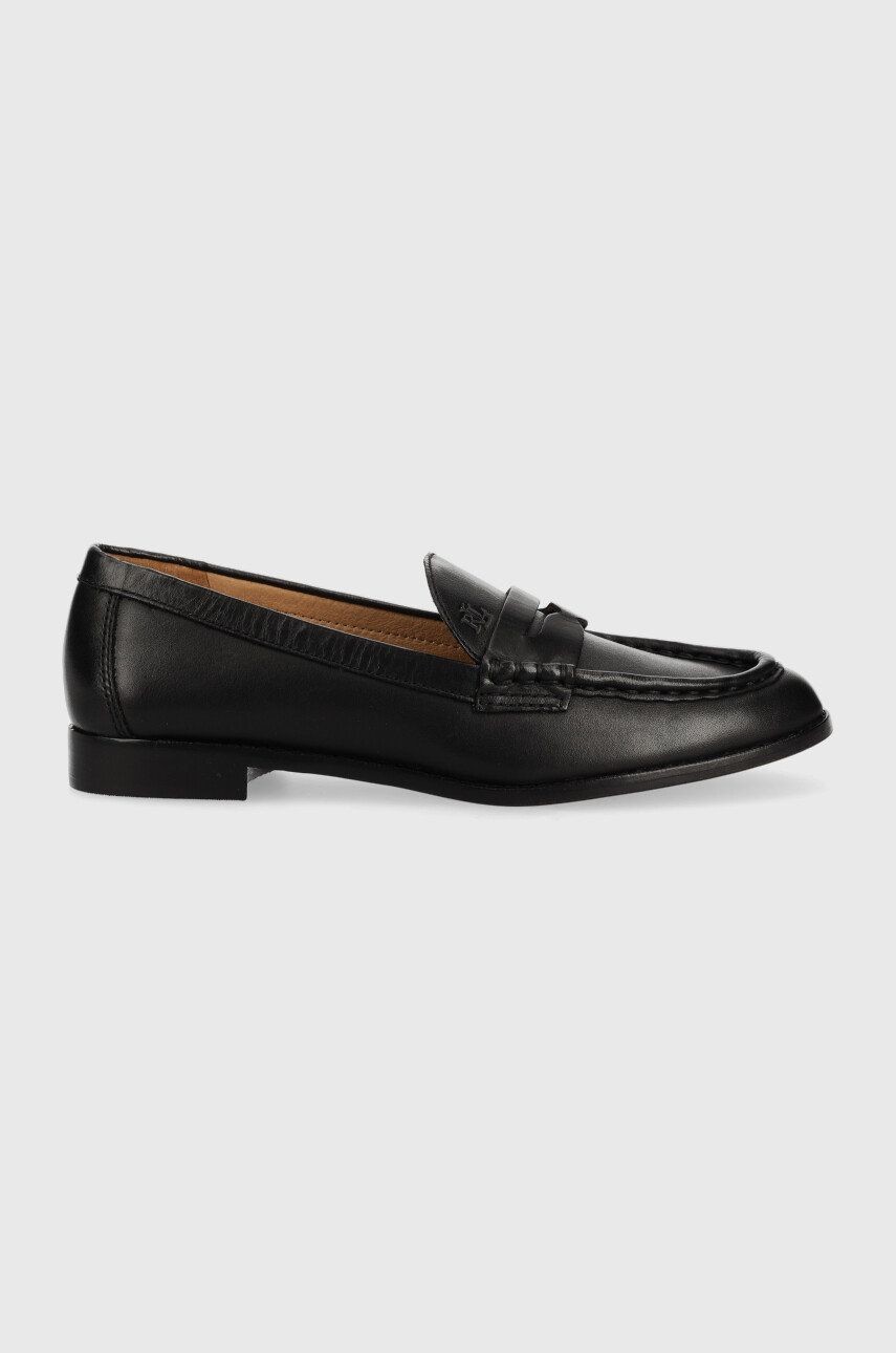 Kožené mokasíny Lauren Ralph Lauren Wynnie Burnished Calf dámske, čierna farba, na plochom podpätku 802875318001
