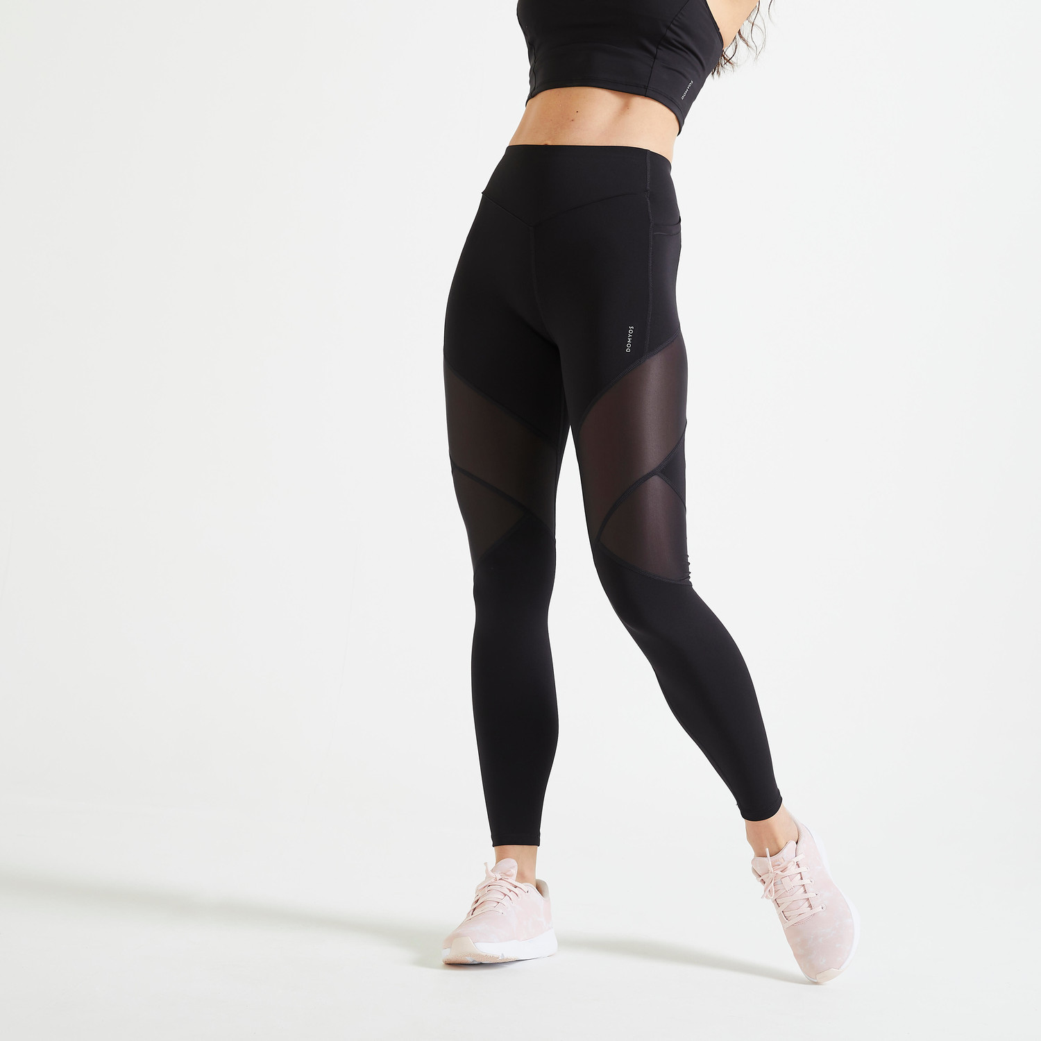 Dámske legíny s vysokým pásom z 2 materiálov na kardio fitnes čierne