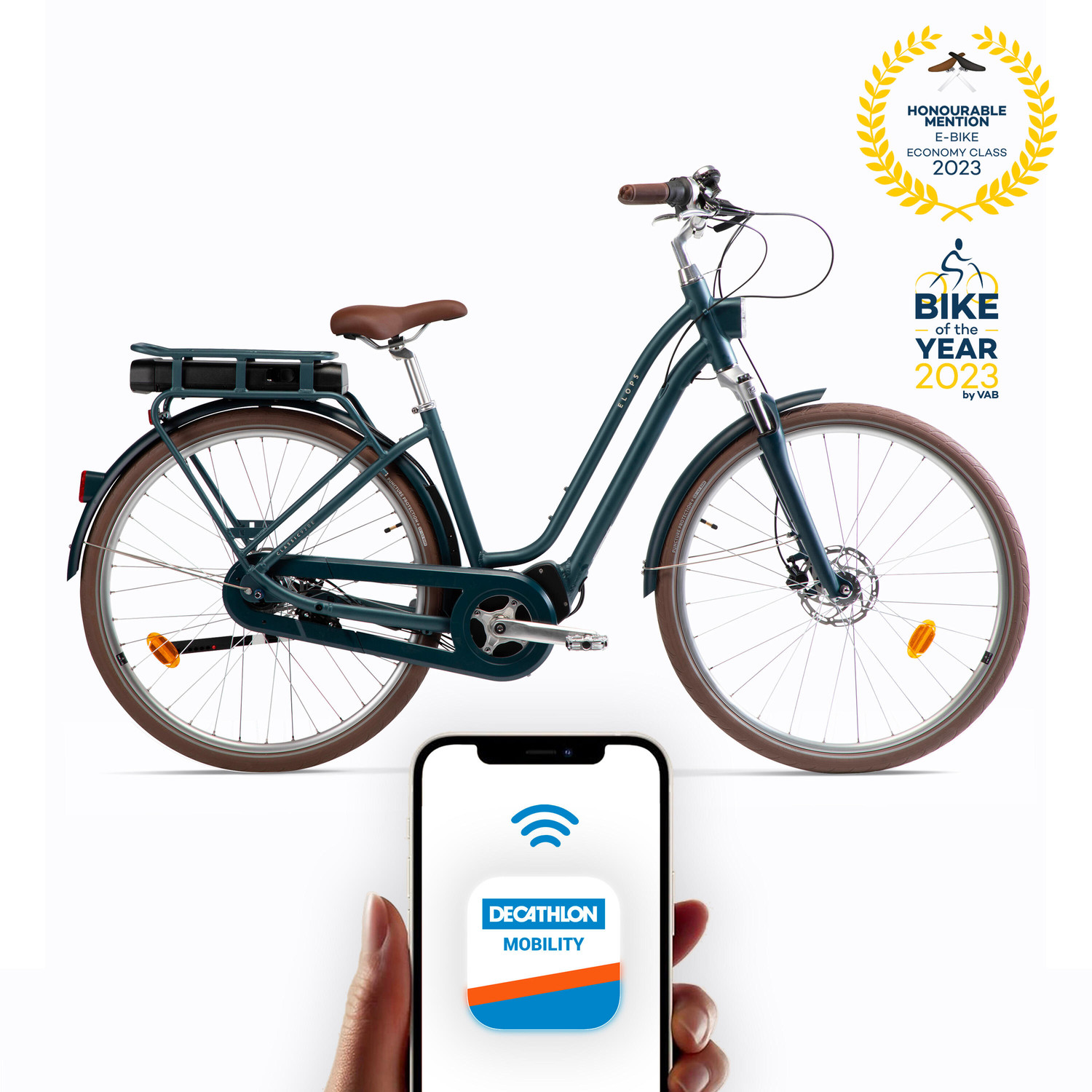 Mestský elektrický bicykel Elops 920 E Connect so zníženým rámom tmavozelený