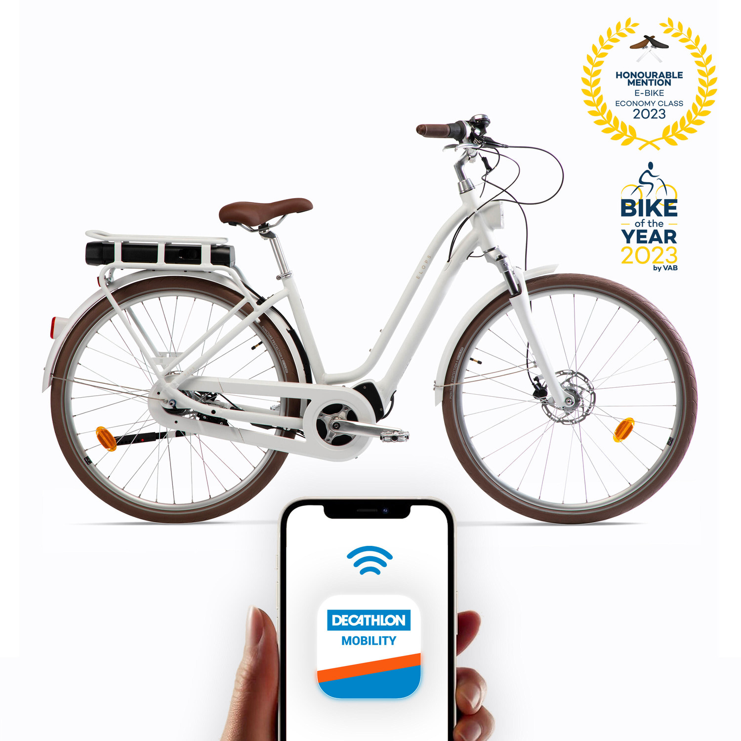 Mestský elektrický bicykel Elops 920 E Connect so zníženým rámom biely