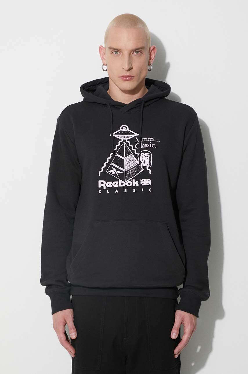 Bavlnená mikina Reebok Classic čierna farba, s kapucňou, s potlačou