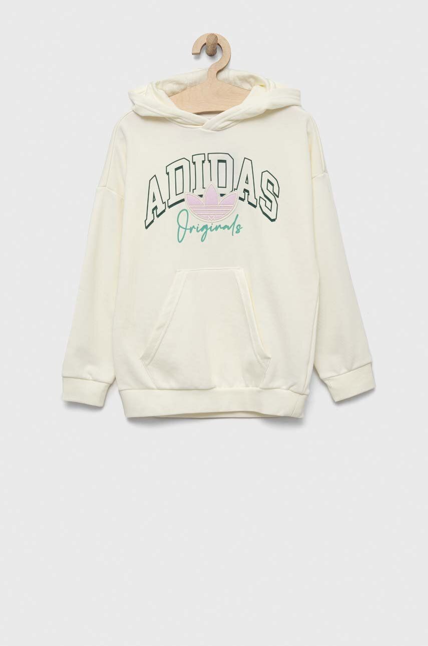 Detská mikina adidas Originals béžová farba, s kapucňou, s potlačou