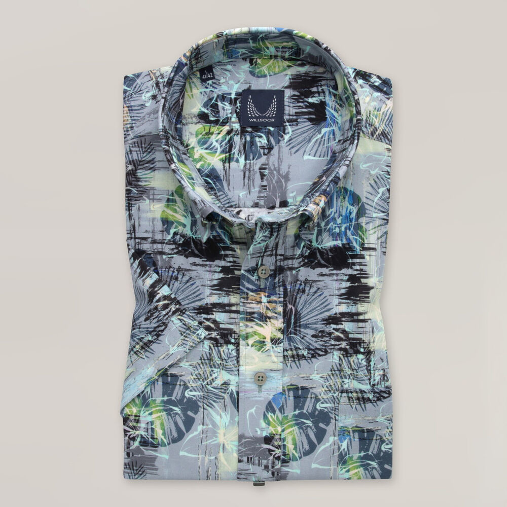 Pánska slim fit košeľa sivej farby so vzorom lístia 15388