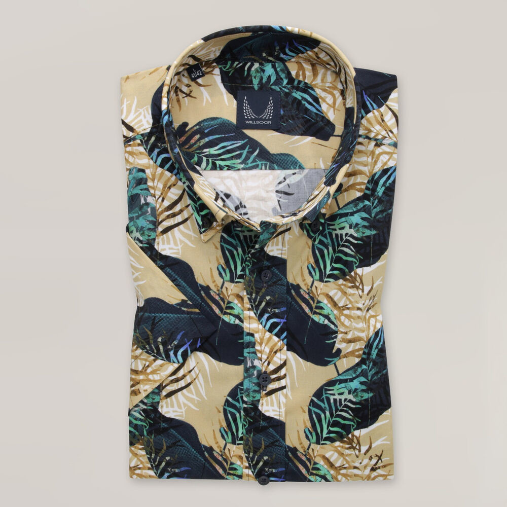 Pánska slim fit košeľa béžovej farby s farebným listovým vzorom 15390