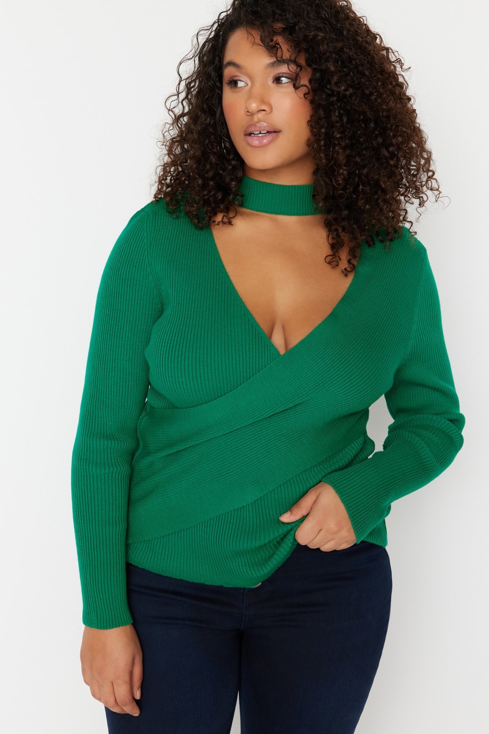 Trendyol Curve Plus Size Sweater - Green - Slim fit