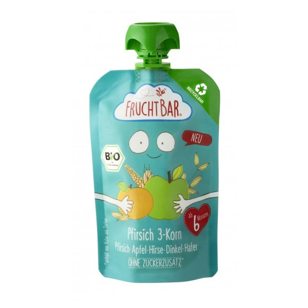 FRUCHTBAR 100% Recyklovateľné BIO ovocná kapsička s jablkom, broskyňou, marhuľami a ovsom 6m+ 100 g
