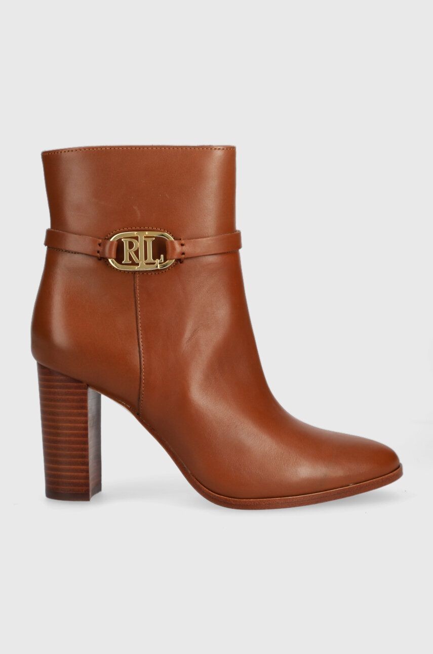 Kožené členkové topánky Lauren Ralph Lauren Maxie dámske, hnedá farba, na podpätku, 802912277001