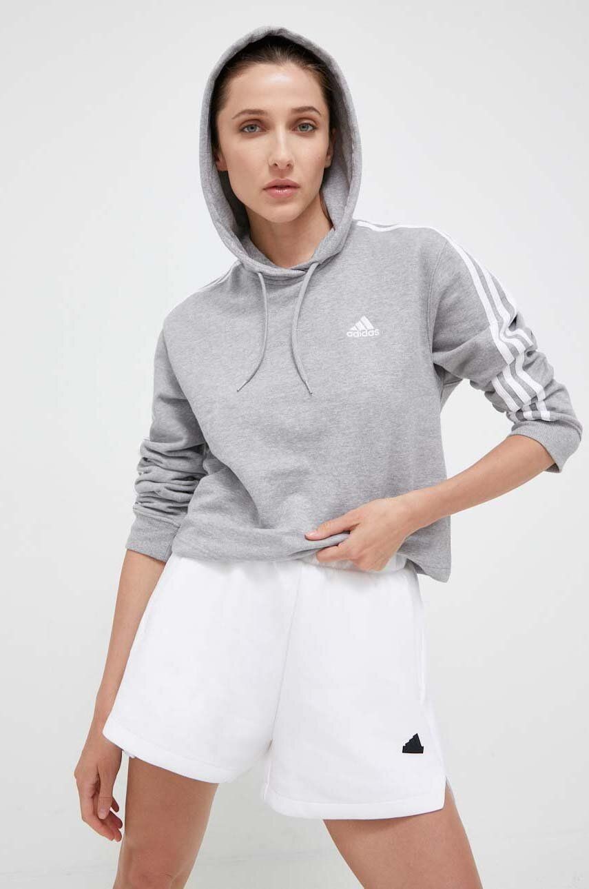 Bavlnená mikina adidas dámska, šedá farba, s kapucňou, melanžová