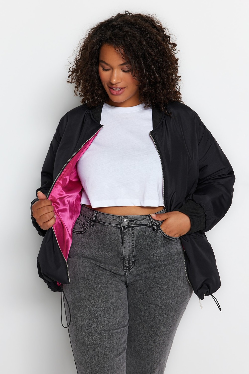 Trendyol Curve Plus Size Winterjacket - Black - Bomber jackets