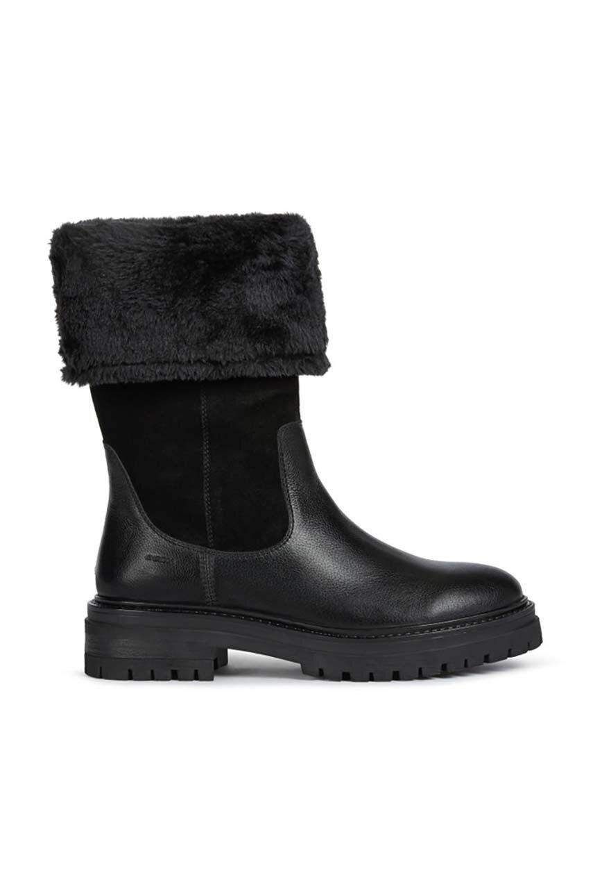 Kožené čižmy Geox D IRIDEA M dámske, čierna farba, na plochom podpätku, jemne zateplené, D04HRM 02246 C9999