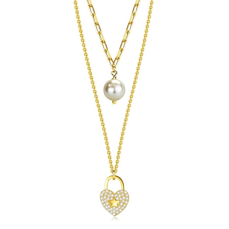 Strieborný 925 náhrdelník - zlatá farba, biela syntetická perla, srdiečková kladka, číre zirkóny