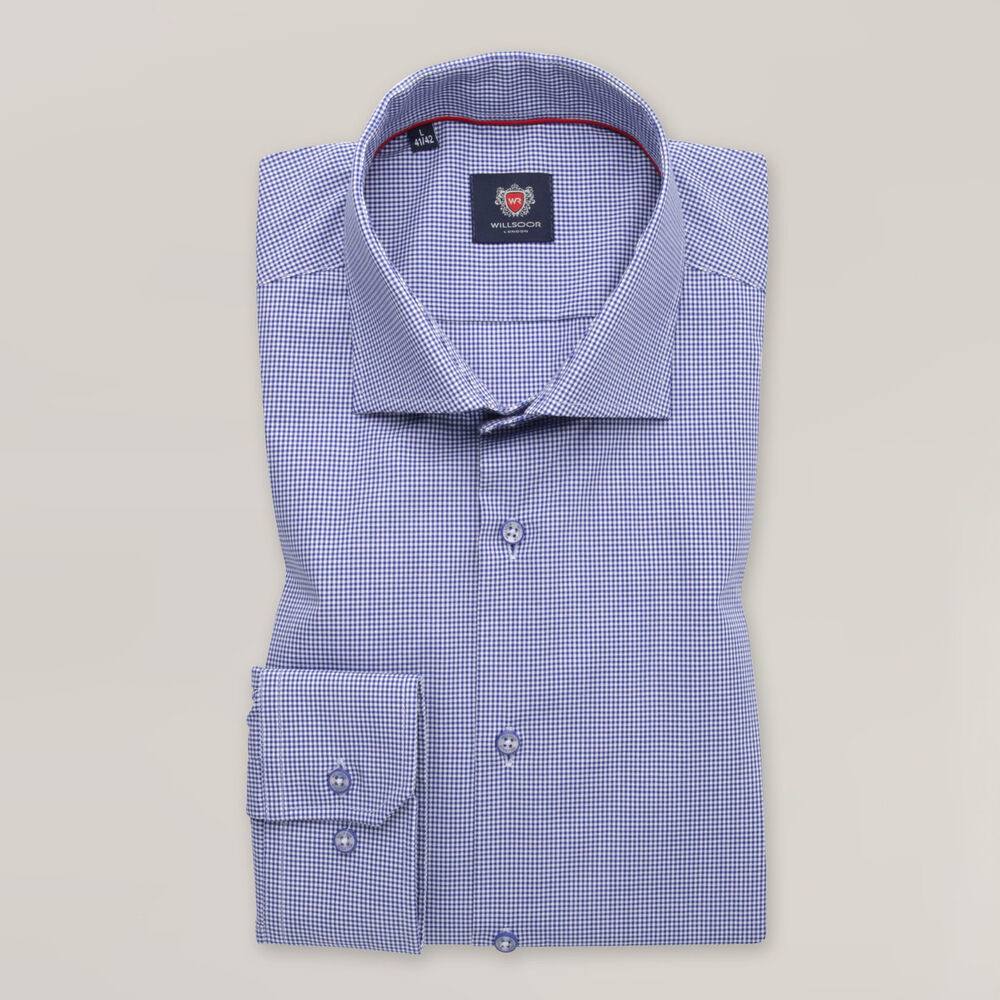 Pánska slim fit košeľa tmavomodrá s jemným károvaným vzorom 15414