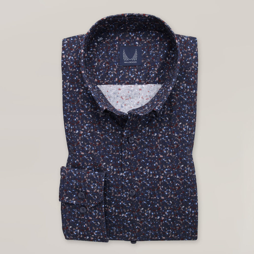 Pánska slim fit košeľa tmavomodrá s geometrickým vzorom 15416