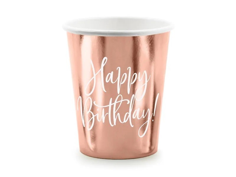 PartyDeco Poháre - Happy birthday, ružovo-zlaté 260 ml