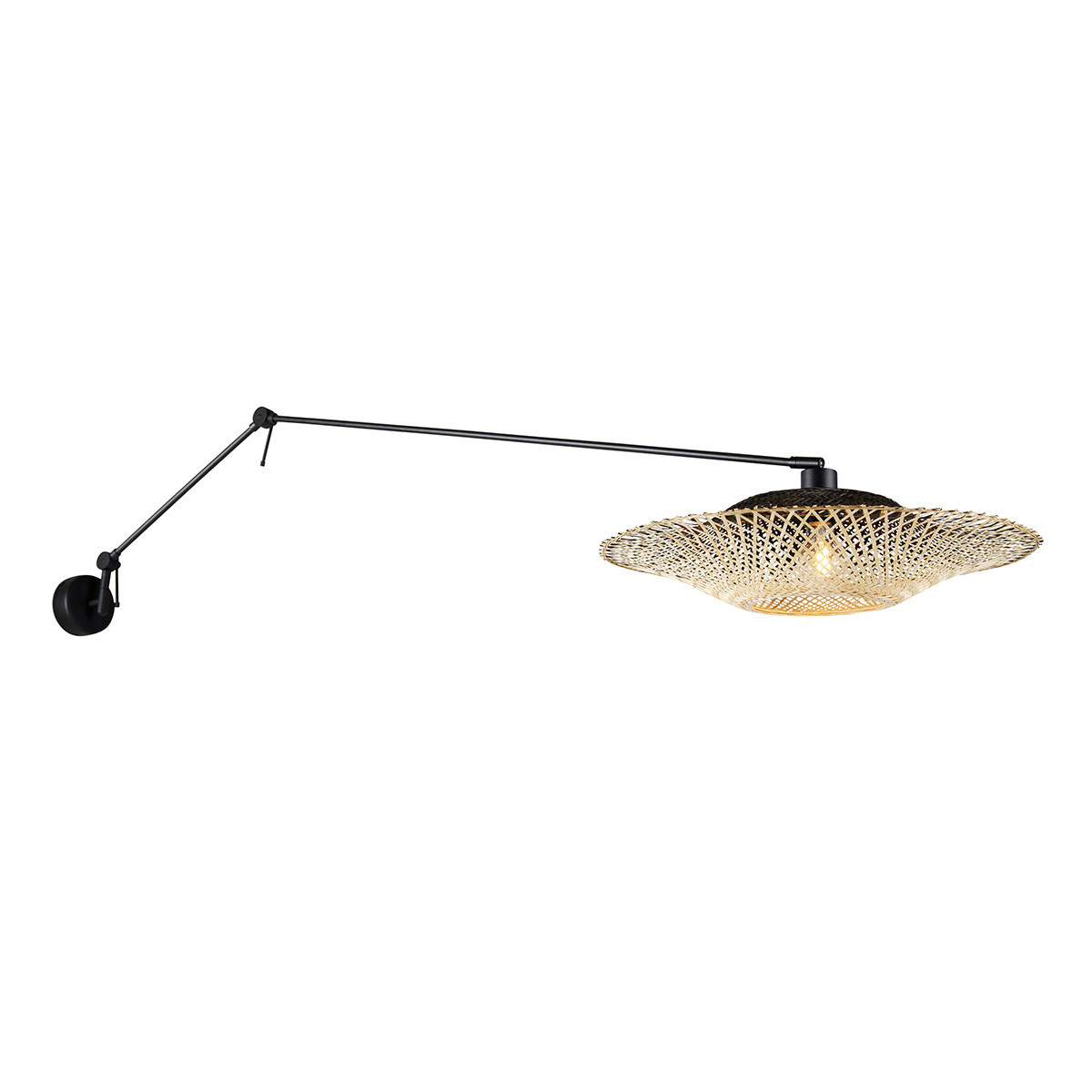 Wandlamp zwart met rotan kap 50 cm verstelbaar - Blitz