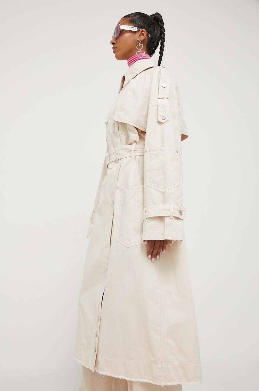 Trenčkot Moschino Jeans dámsky, béžová farba, prechodný, dvojradový