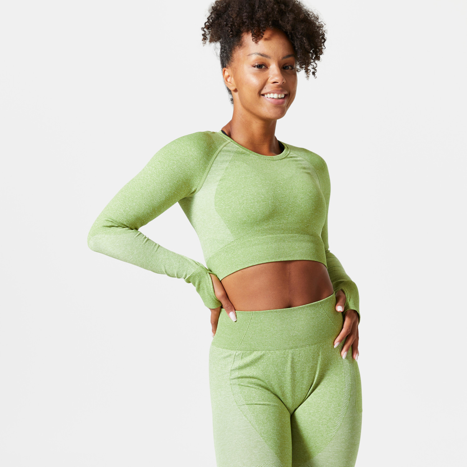 Dámsky crop top na fitnes s dlhým rukávom zelený