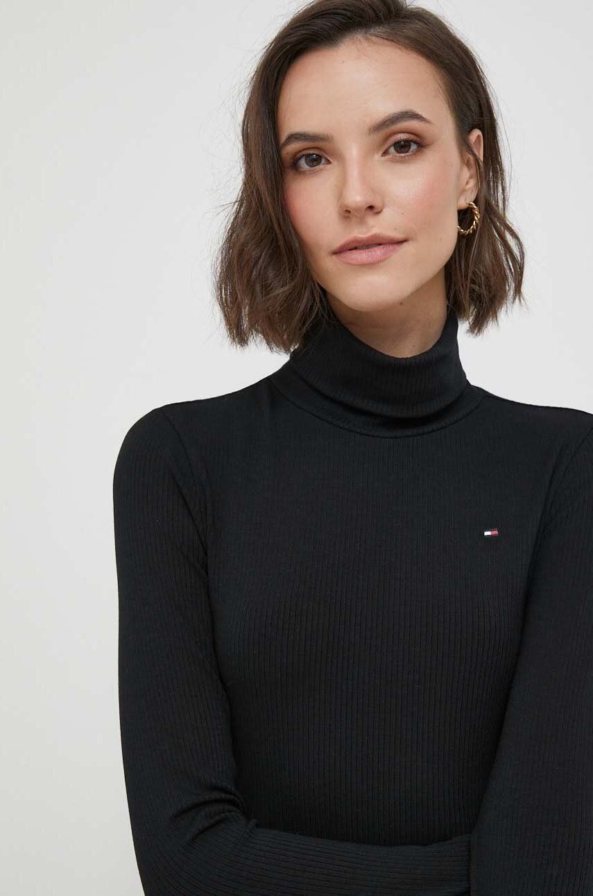 Tričko s dlhým rukávom Tommy Hilfiger dámsky, čierna farba, s rolákom