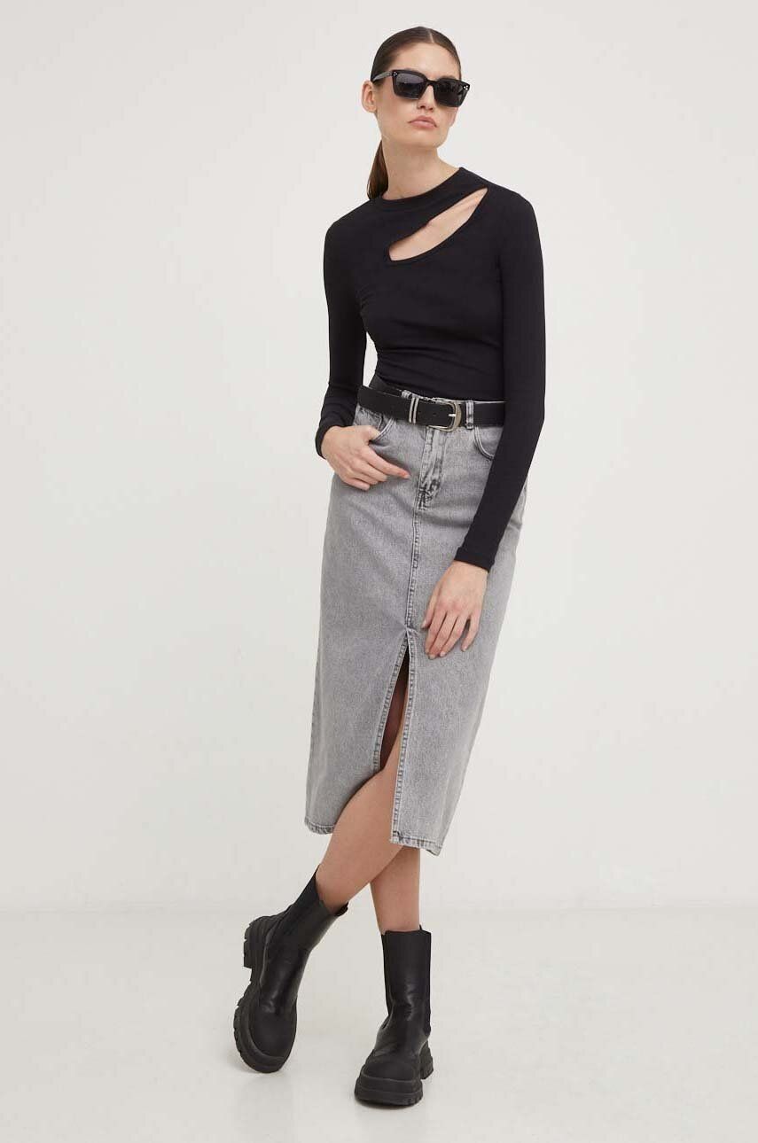 Rifľová sukňa Answear Lab šedá farba, midi, rovný strih