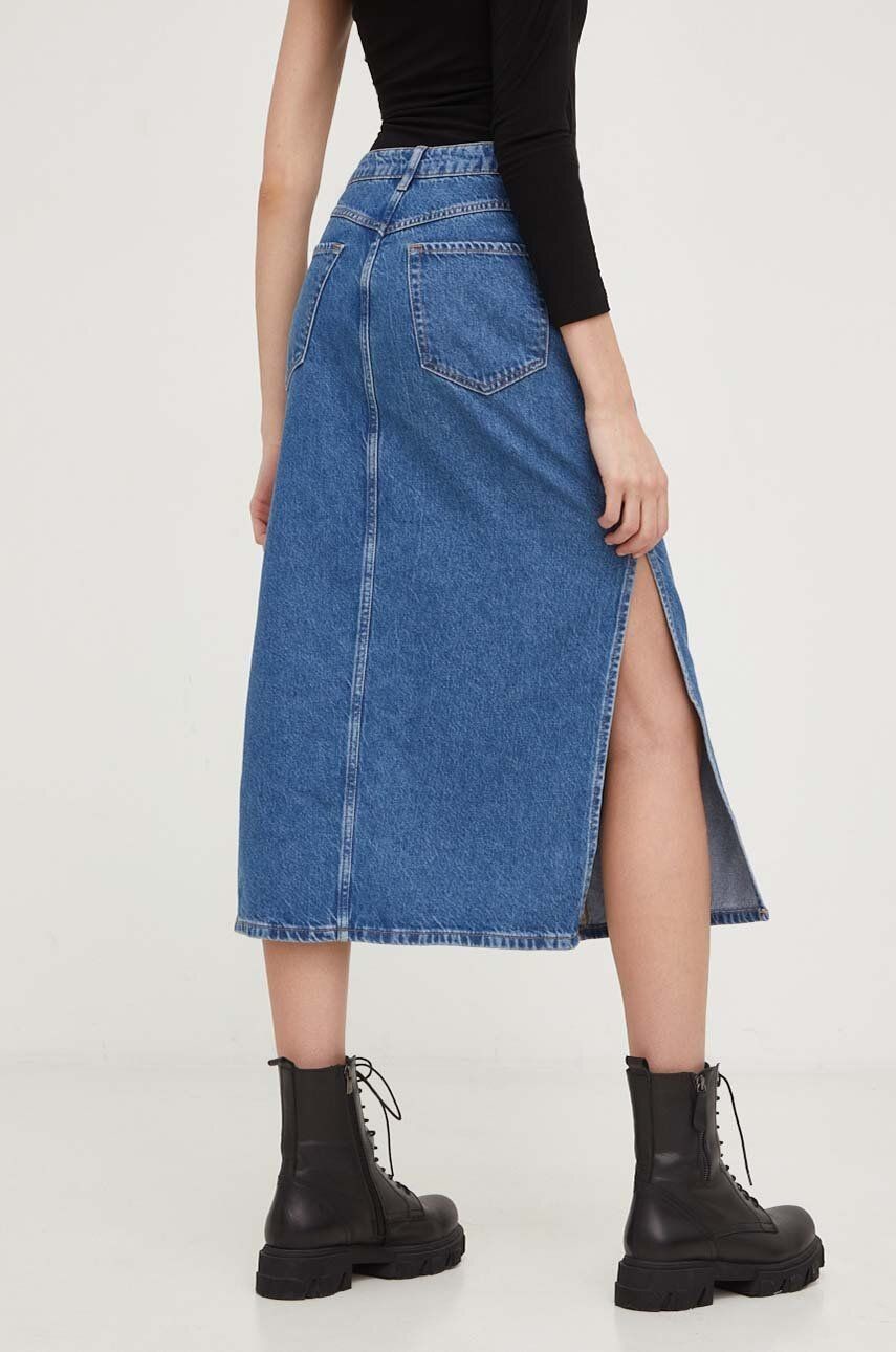 Rifľová sukňa Answear Lab tmavomodrá farba, midi, rovný strih