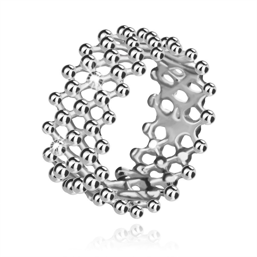 Strieborný 925 prsteň - mriežkový motív, hladké guličky, 9 mm