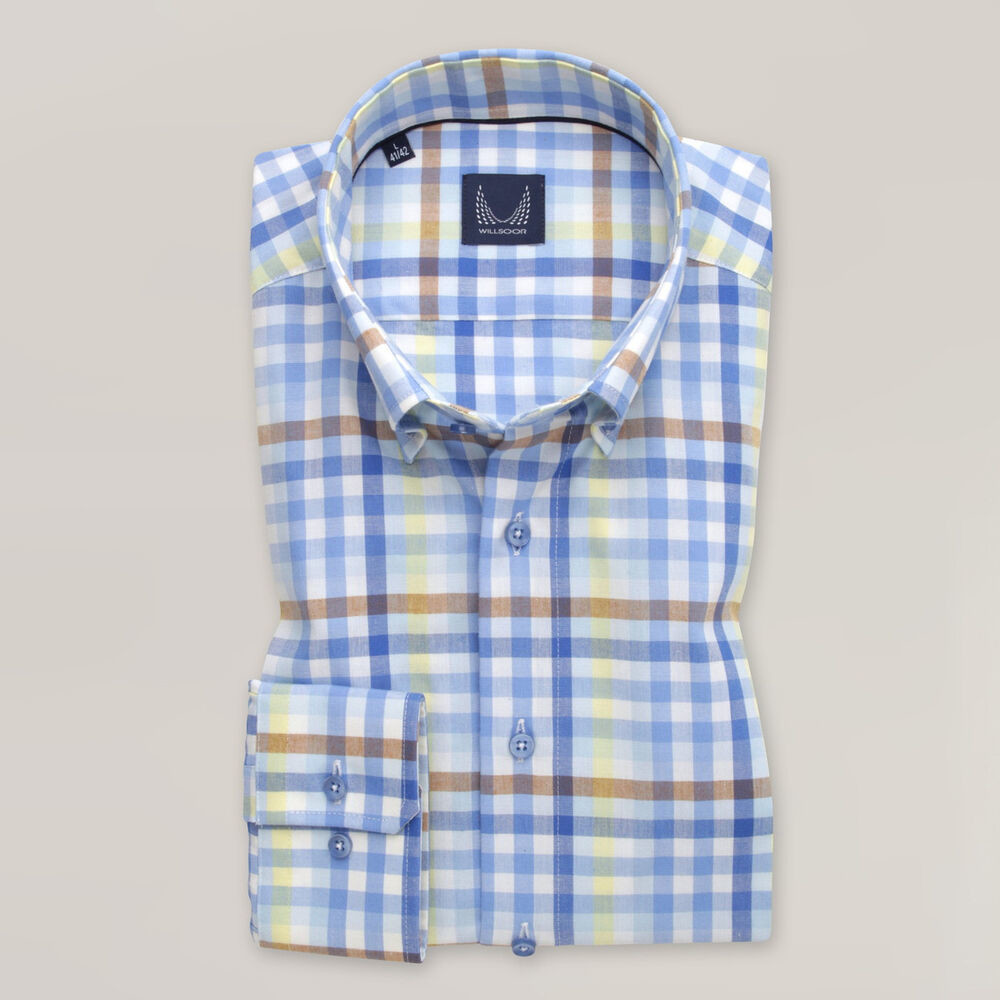 Pánska slim fit košeľa modrým, žltým a hnedým károvaným vzorom 15495