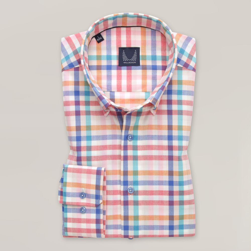 Pánska slim fit košeľa ružová s farebným károvaným vzorom 15497