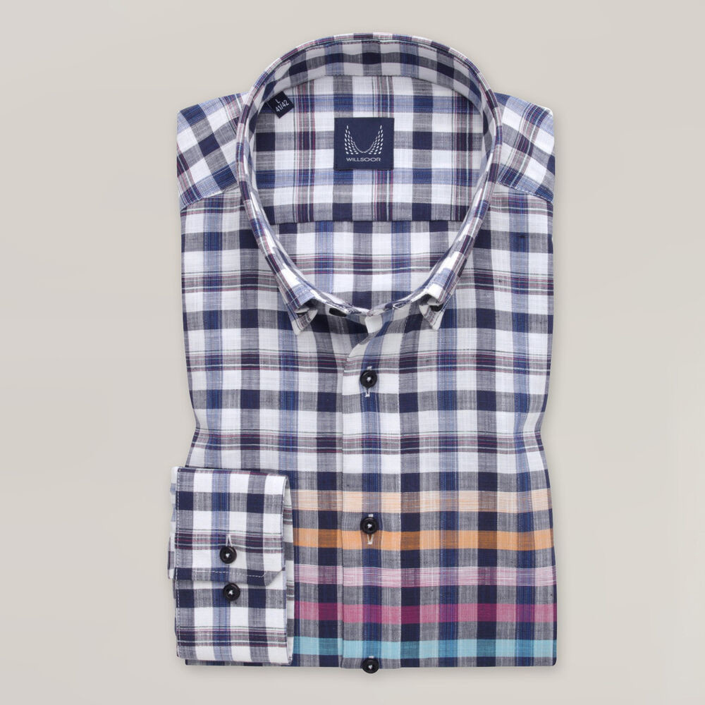 Pánska košeľa slim fit s tmavomodrým károvaným vzorom a farebnými kontrastmi 15499