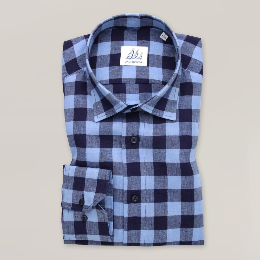 Pánska ľanová košeľa slim fit modrej farby s károvaným vzorom 15513