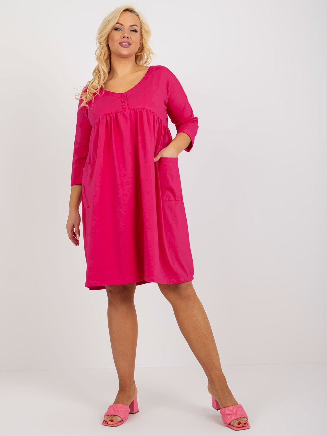 Sweatshirt dress fuchsia basic plus size with 3/4 sleeves