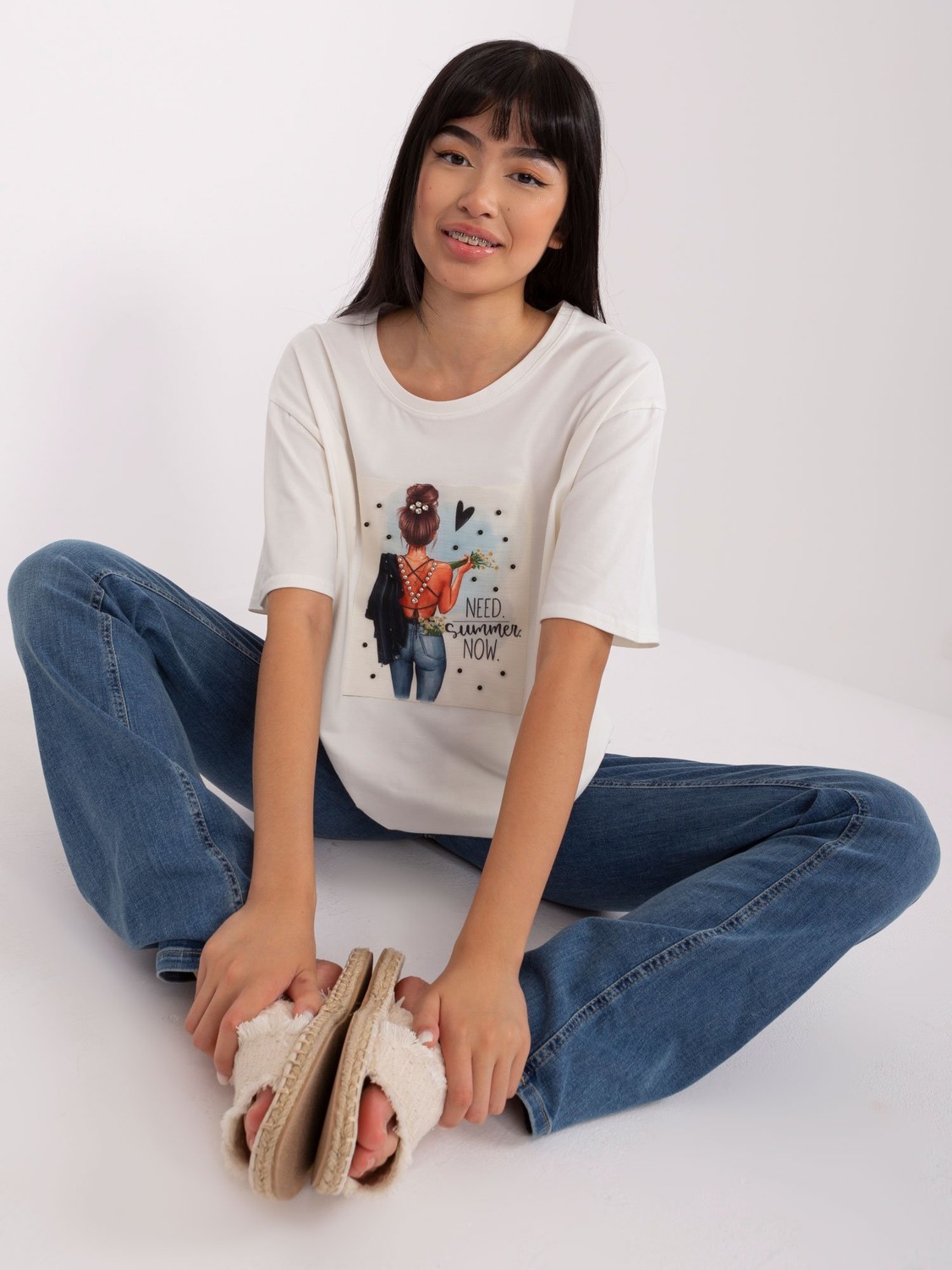 Printed cotton T-shirt Ecru