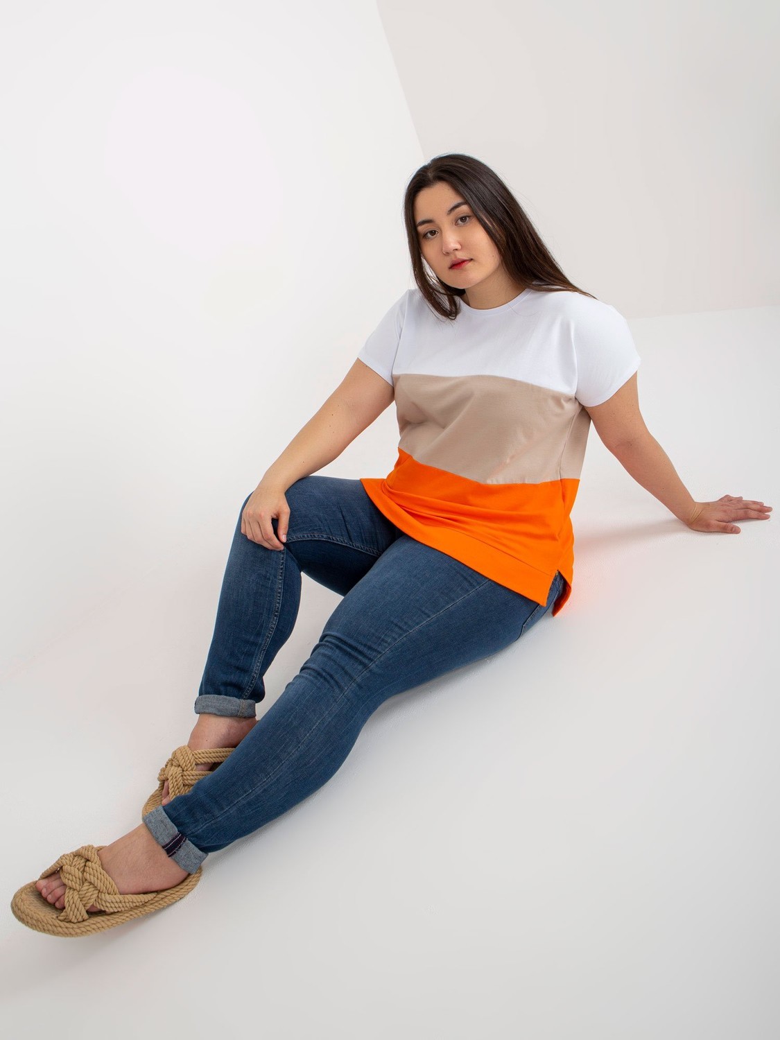 White-orange striped blouse plus size