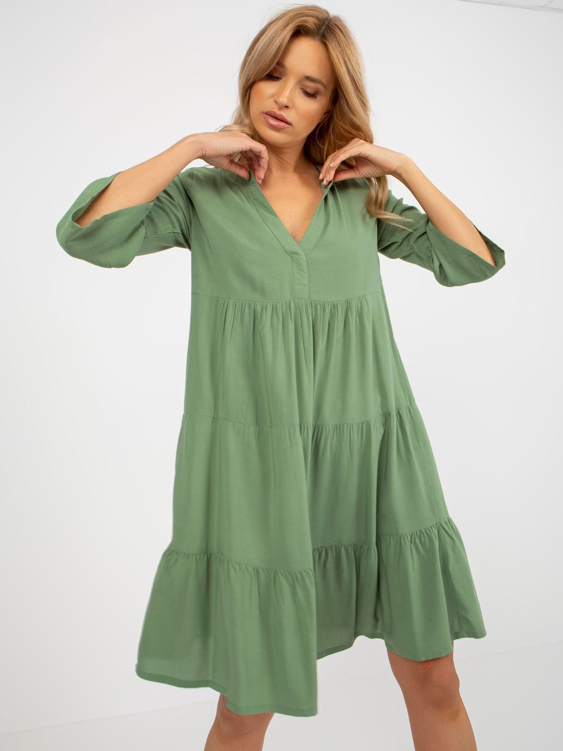 Khaki sundress with frills and 3/4 sleeves SUBLEVEL