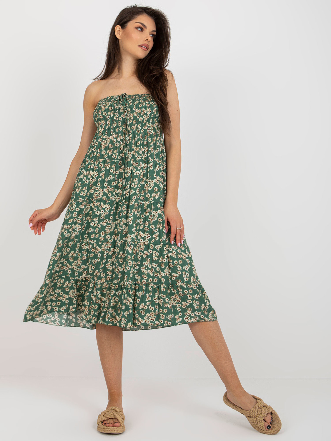Dark green floral strapless midi dress