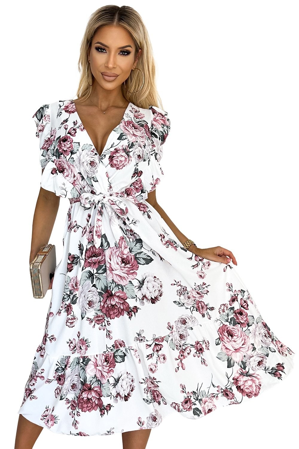 Midi dress with ruffle, neckline and Numoco tie