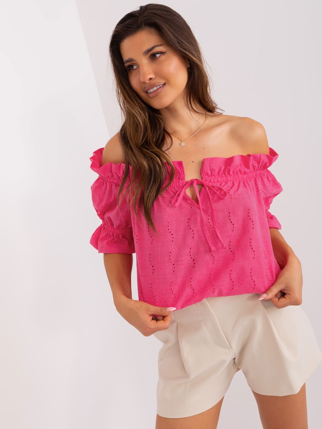 Dark pink Spanish blouse with openwork patterns