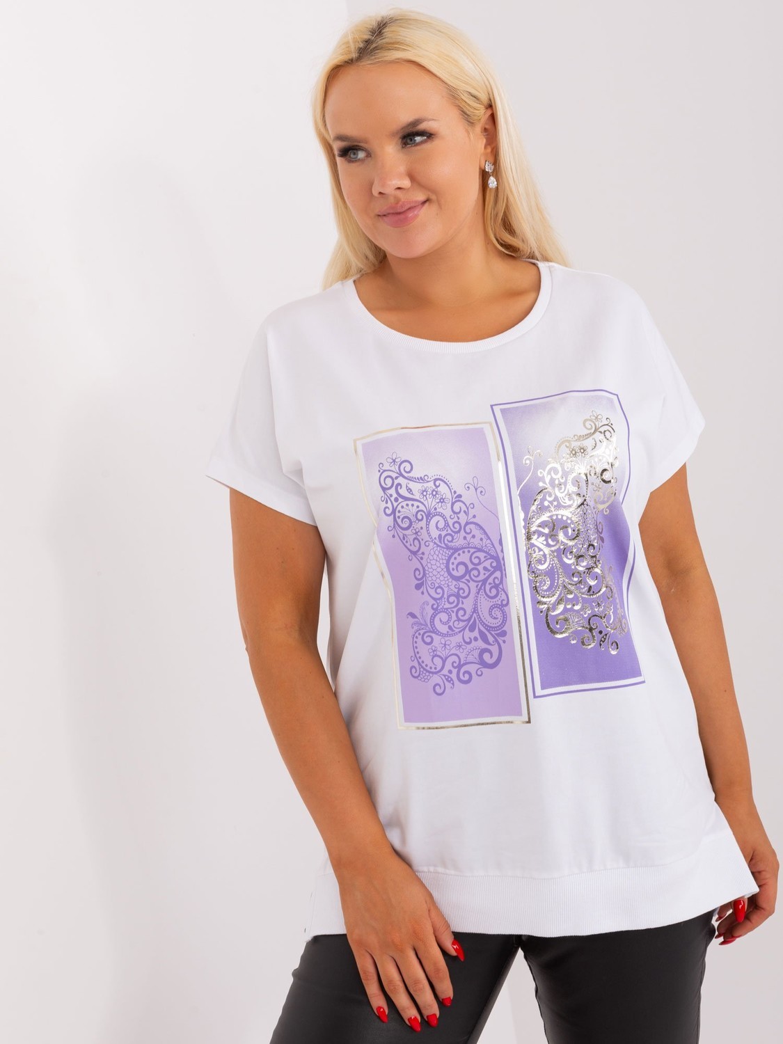 White and purple blouse with slit plus size