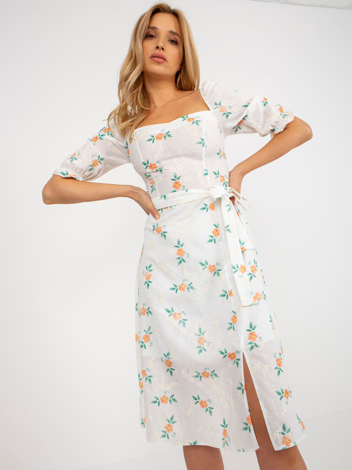 White and orange floral midi dress with slit