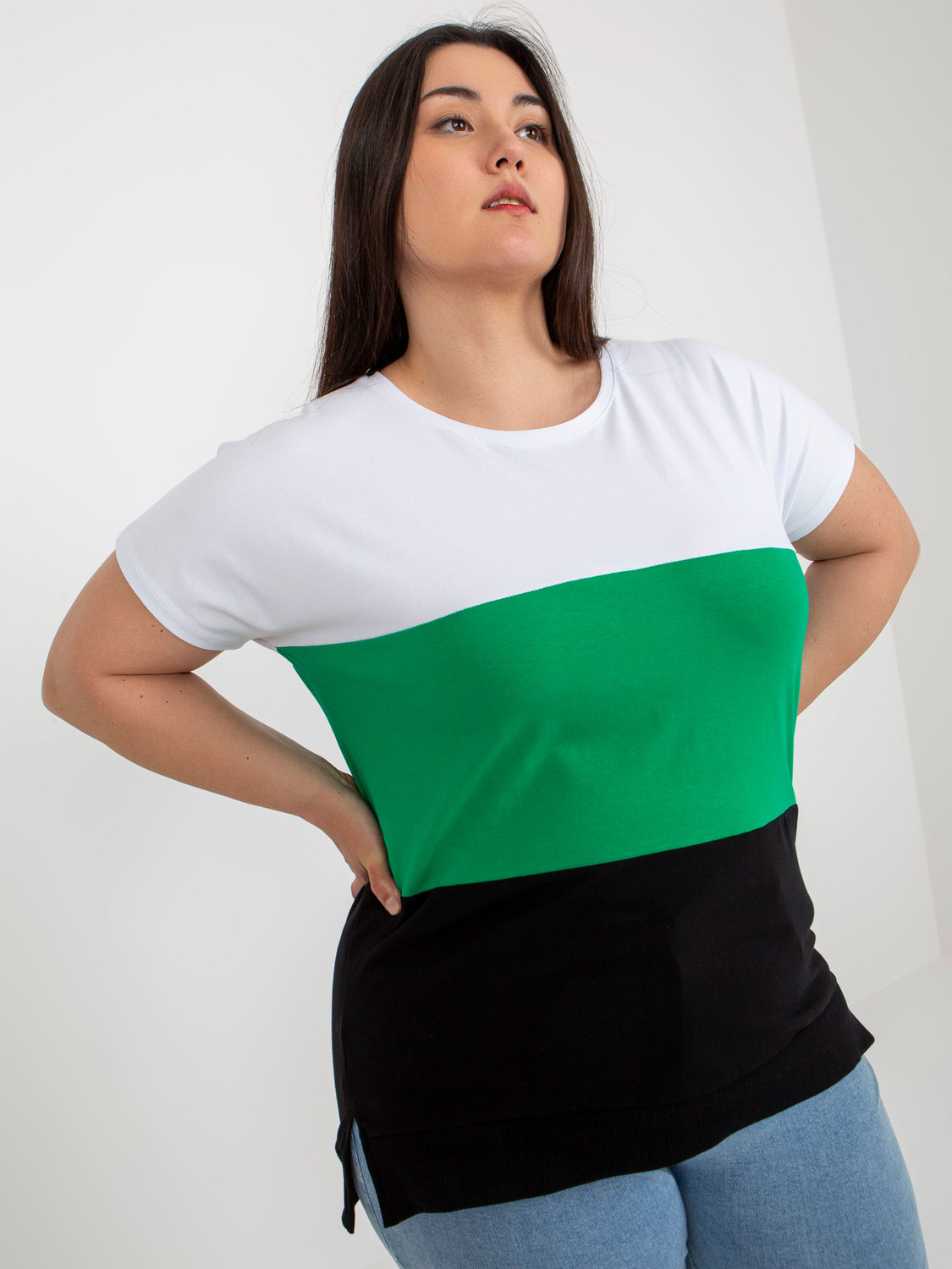 White and green women's striped blouse plus size