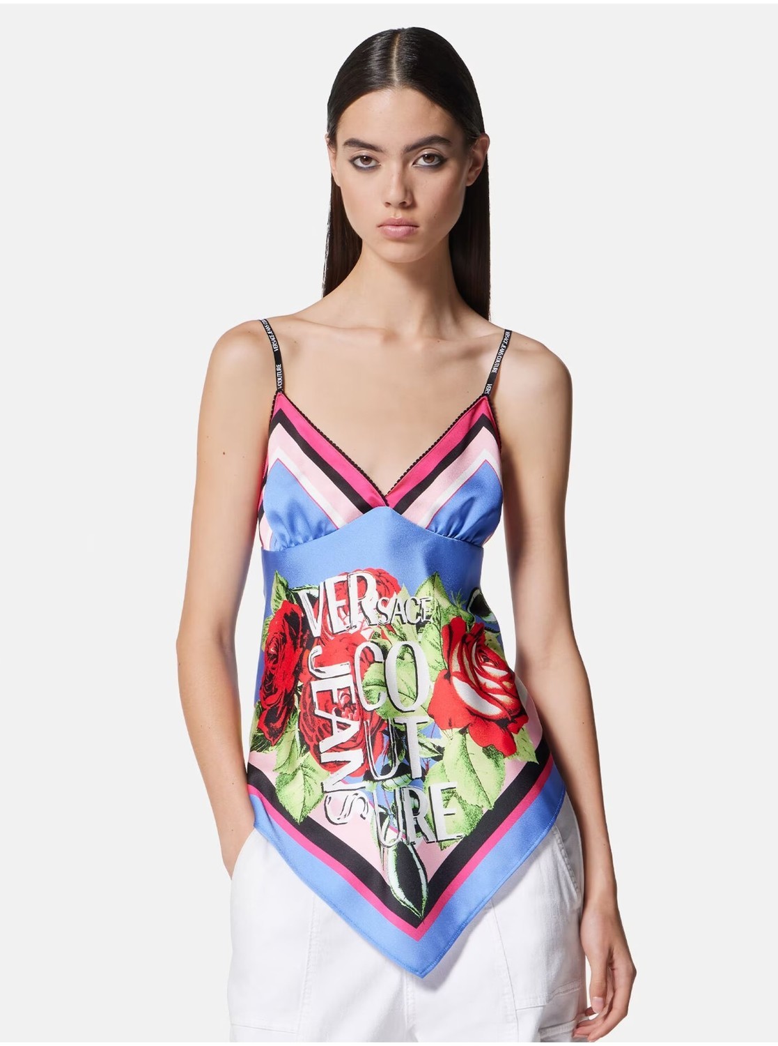 Zeleno-modrý dámsky vzorovaný saténový top Versace Jeans Couture