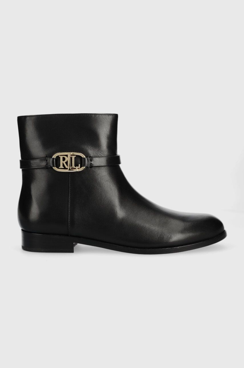 Kožené členkové topánky Lauren Ralph Lauren Briela dámske, čierna farba, na plochom podpätku, 802912273001