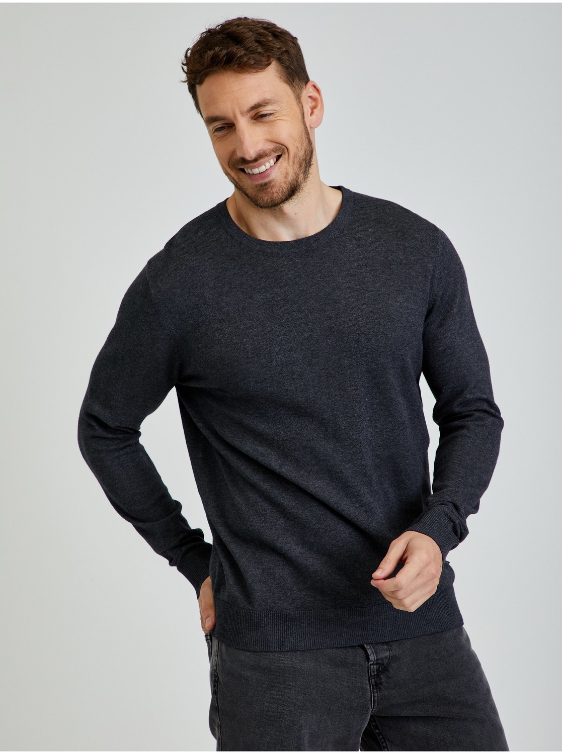 Tmavošedý rebrovaný basic sveter Jack & Jones Emil