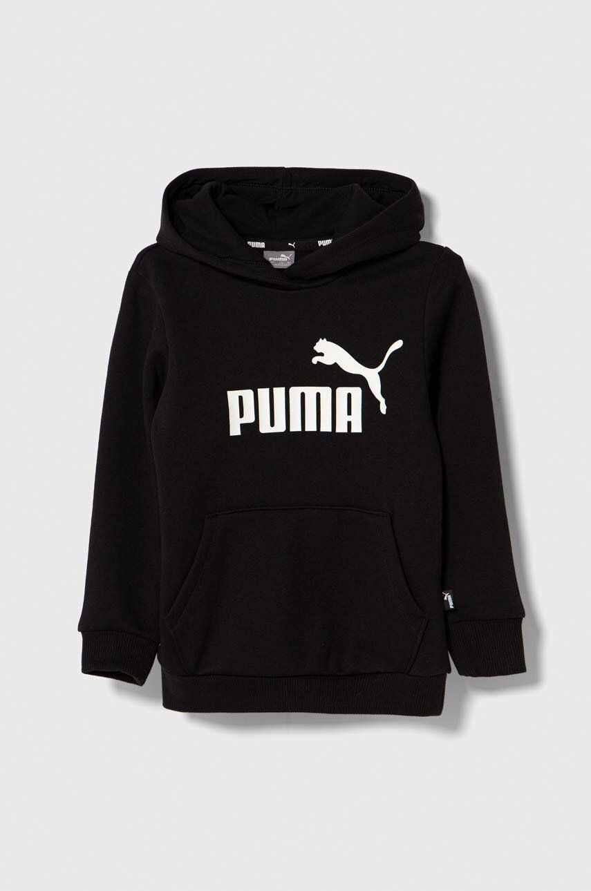 Detská mikina Puma ESS Logo Hoodie FL G čierna farba, s kapucňou, s potlačou