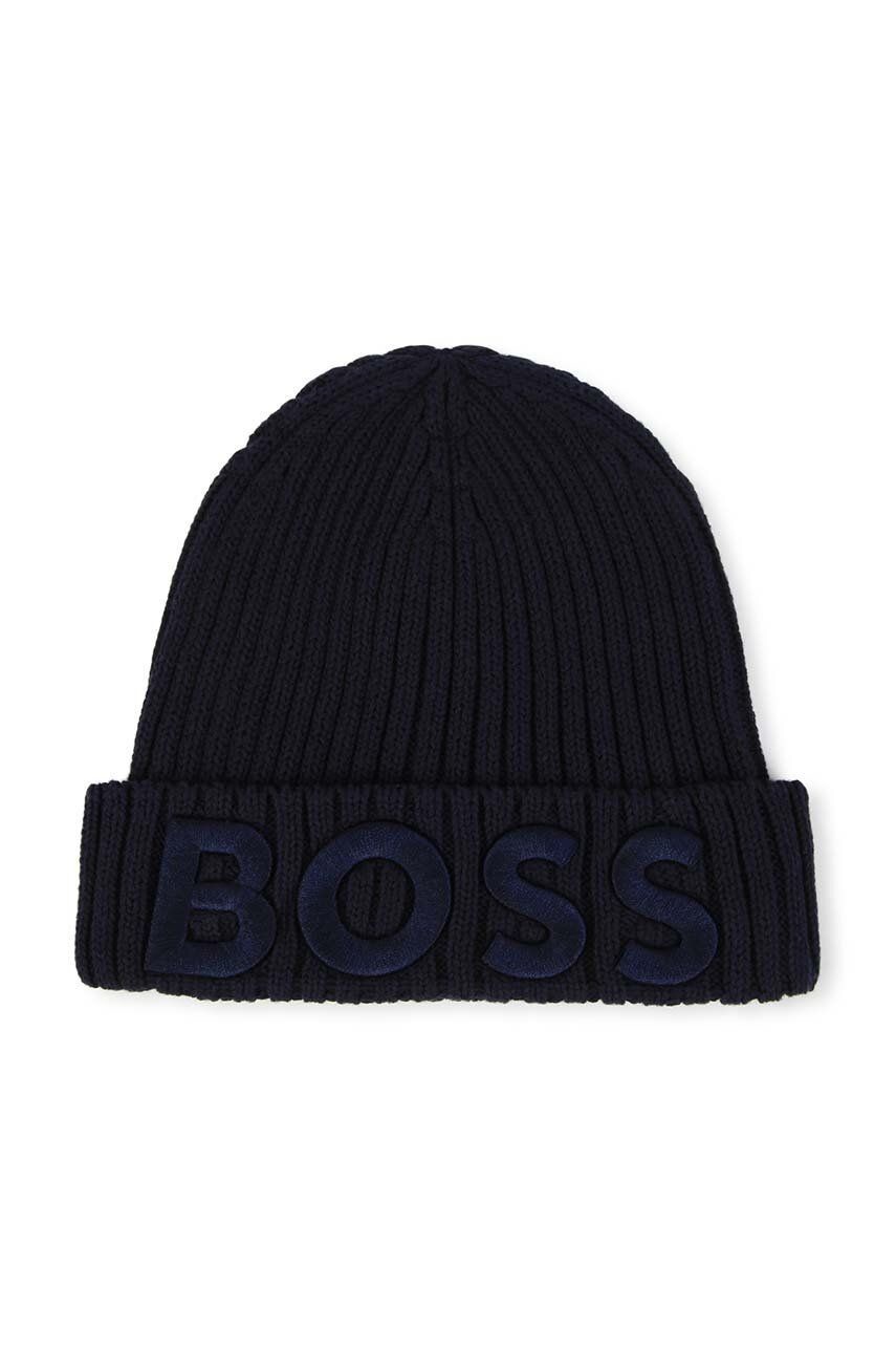 Detská bavlnená čiapka BOSS tmavomodrá farba biela, bavlnená